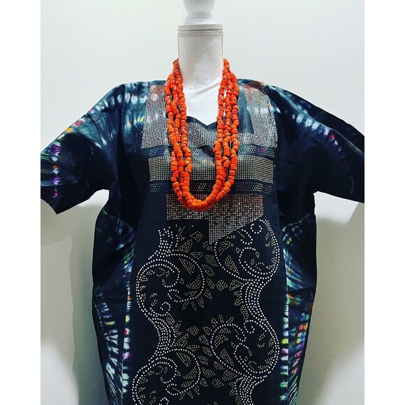 Embellished Swarovski Stoned Kaftan Tie & Dye ADIRE Cotton Long Dress - Picture 4 of 8